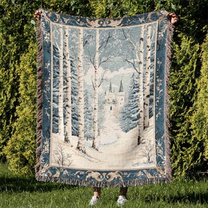Winter Birch Trees Woven Blanket, Castle Snow Scene Woven Throw Blanket, Bed Blanket, Sofa Throw, Sofa Cover, Wall Tapestry, Home Decor