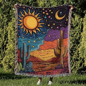 Boho Woven Blanket, Sun Moon Woven Throw Blanket, Colorful Hippie Home Decor, Sofa Throw, Woven Tapestry, Sofa Cover, Wall Tapestry