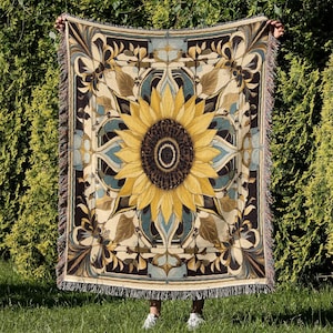Retro Sunflower Woven Blanket, Vintage Woven Throw, Vintage Floral Blanket, Tapestry Wall Hanging, Flowers Blanket, Boho Tapestry