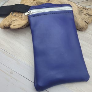 Phone Case, Blue Vinyl Bag with Zipper and Back Pocket, Accessory Bag, Pocket, Handle Bag