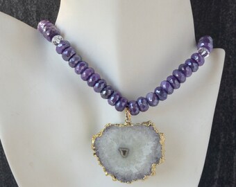 Stalactite Slice Geode Pendant Purple Moonstone Gold Filled Necklace