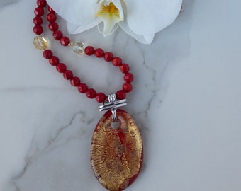 Venetian Glass Pendant Red Coral Citrine Necklace Red Coral Stretch Bracelet