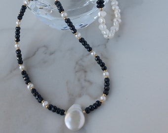 Natural Black Spinel Freshwater Pearls Baroque Flameball Pearl Pendant Necklace Stretch Bracelet