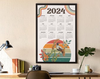 Yearly Poster Calendar 2024, Retro Design, Desert Botanical Art, Quail Watercolor, Frameable Art Calendar, 2024 Printable Wall Calendar