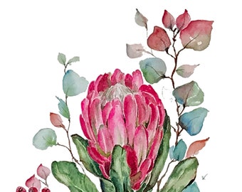 Watercolor Print - King Protea Bouquet - Succulent - Nature Lover - Boho Wall Art - Desert - Botanical - Floral - Art Print - Pink Flowers