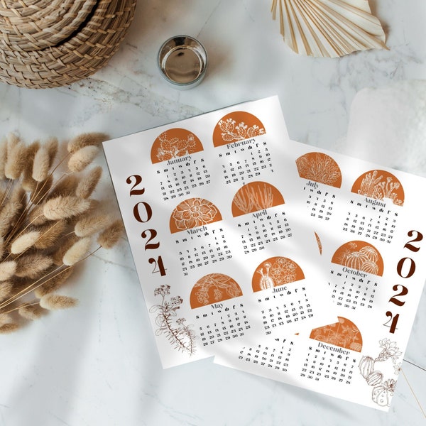 Year at a Glance Printable Calendar 2024, Desk Calendar, Six Month at a Glance, Desert Themed, Cactus, Boho Decor, Organizational Helper