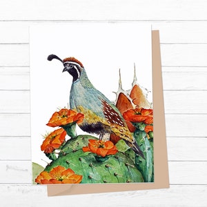 Tufted Desert - Greeting Card w/Envelope - Prickly Pear - Gambels Quail - Blooming Cactus  - Watercolor  - Desert Art