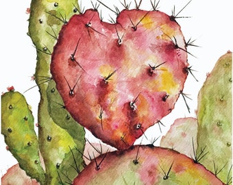 Watercolor Print - Autumn Crush - Cactus Heart - Boho Wall Art - Desert Garden - Botanical - Art Print - Prickly Pear