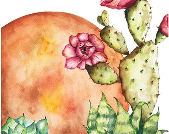 Watercolor Print - Harvest Bloom - Blooming Cactus - Boho Wall Art - Desert Garden - Botanical - Art Print - Prickly Pear