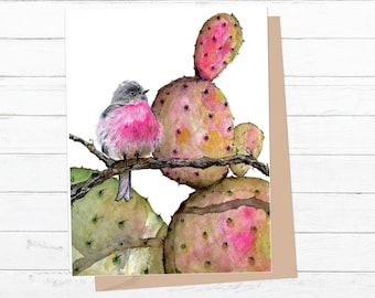 Pink Robin - Greeting Card w/Envelope - Prickly Pear  - Watercolor  - Bird Lovers Art - Desert Lover