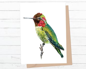 Anna's Hummingbird - Greeting Card w/Envelope - Rainbow Colors  - Watercolor  - Bird Lovers Art