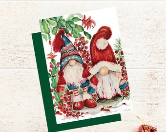 Gnome for the Holidays - Greeting Card w/Envelope - Original Watercolor  - Stocking Hat Gnome - Christmas Cactus