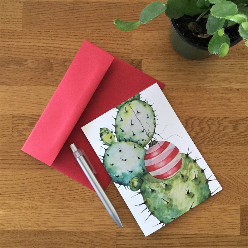 Cactus Holiday Greeting Card w/Envelope Prickly Pear Watercolor Stationery Christmas Ornament Desert Art Arizona Desert Christmas image 1