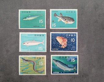 MNH 6 Vintage Japanese Fish Stamps Set, Unused Mint Stamps for Collecting, Journaling, and Crafting, 1966-1967 Sea Life Series