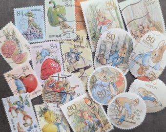 20pcs Peter Rabbit Japanese Used Stamps, Beatrix Potter for Junk Journal Craft