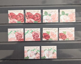 10x Colorful Rose Stamps from Japan, 5 Assorted Designs, Used & Off-Paper, Botanical Flower Stamps for Junk Journals, Pink and Red Roses