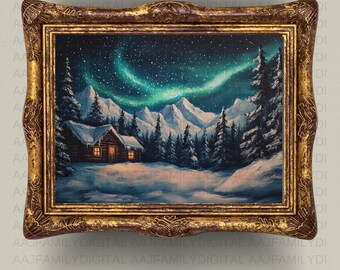 May include: A framed painting depicts a winter landscape with a cabin, snow-covered mountains, and evergreen trees under a starry sky with an aurora borealis. The frame is ornate with a gold finish. The painting evokes a sense of tranquility and natural beauty.