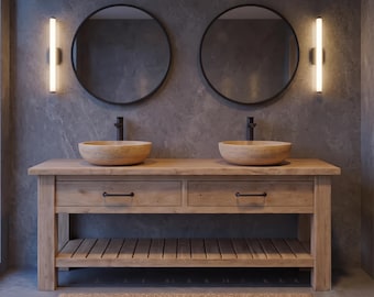 Rustic Wooden Bathroom Vanity with Drawers, Reclaimed Solid Wood, Handcrafted Farmhouse Style