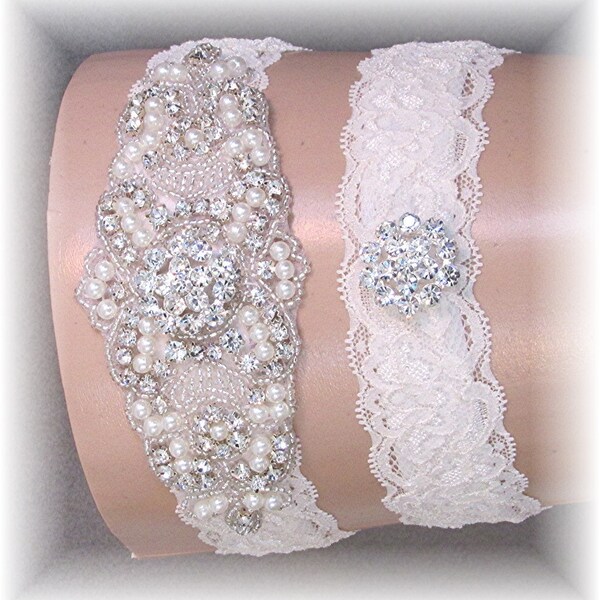 Handmade Ivory Lace Bridal Garter Set - Vintage Style Couture Wedding Garter Set with Crystals and Pearls Custom Made to Order