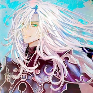 May include: Anime-style illustration of a character with long white hair and green eyes, wearing ornate purple and blue armour. Butterflies with black and white wings are scattered around the figure against a textured blue background.