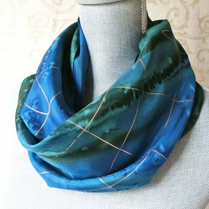 Silk Scarf Hand Dyed in Forest Green and Midnight Blue with Gold Accent image 2