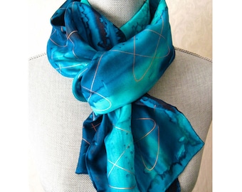 Ocean Blues with Gold Hand Painted Silk Scarf