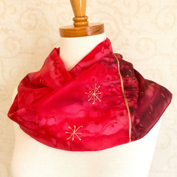 Silk Scarf Hand Painted Christmas Stars in Red, Burgundy and Metallic Gold