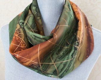 Silk Scarf Hand Painted in Olive and Copper Brown with Gold