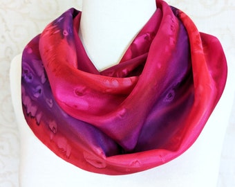 Silk Scarf Hand Painted in Rose Pink, Red and Deep Orchid