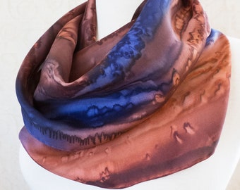 Silk Scarf Hand Painted in Brown, Navy and Copper