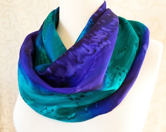 Silk Scarf Hand Painted in Amethyst and Emerald