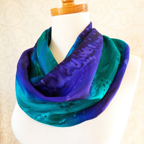 Silk Scarf Hand Painted in Amethyst and Emerald