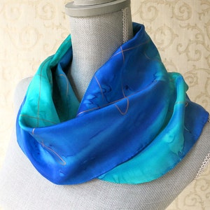 Silk Scarf Hand-Dyed in Shades of Blue with Gold Accent