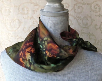 Hand Dyed Square Silk Scarf Bandana in Olive Green and Copper Brown