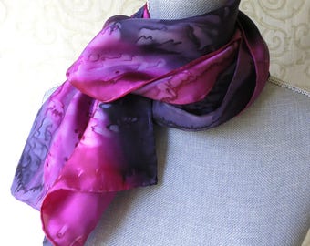 Silk Scarf Hand Painted in Plum and Fuchsia