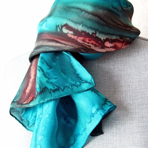 Silk Scarf Hand-Painted in Aqua, Jade and Brown