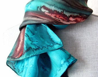 Silk Scarf Hand-Painted in Aqua, Jade and Brown