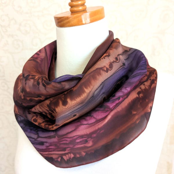 Hand-Painted Silk Scarf in Brown, Plum and Burgundy