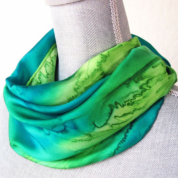 Silk Scarf Hand Painted in Peridot and Teal Greens