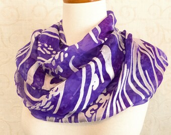 Silk and Rayon Devore Satin Scarf Hand-Painted in Soft Purples