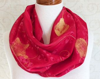 Hand Painted Silk Scarf, Ornaments in Red with Bright Gold