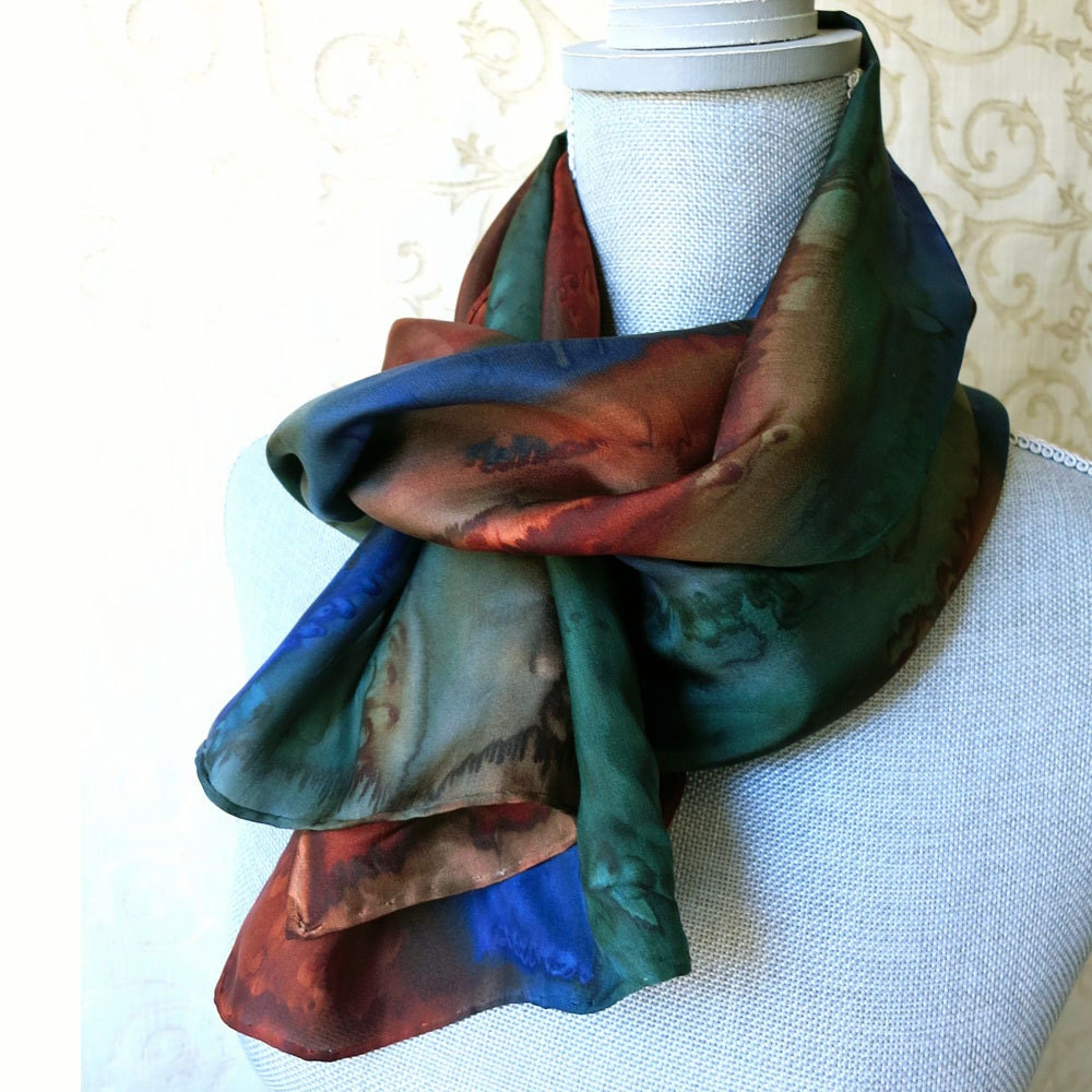 Silk Scarf Hand Painted in Brown, Forest Green and Midnight Blue