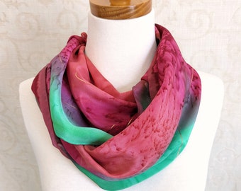 Hand-Painted Silk Scarf in Sherbet Berry, Orange and Lime with Gold