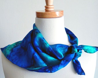 Hand Painted Square Silk Scarf Bandana in Aqua and Sapphire