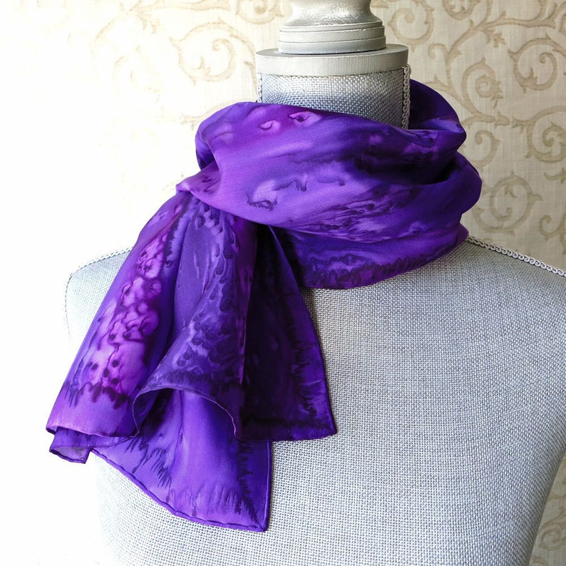 Silk Scarf Hand-Painted in Shades of Purple image 1