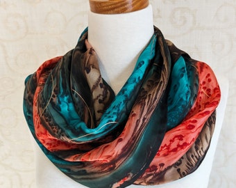 Silk Scarf Hand Painted in Brown, Teal Green and Burnt Orange with Gold