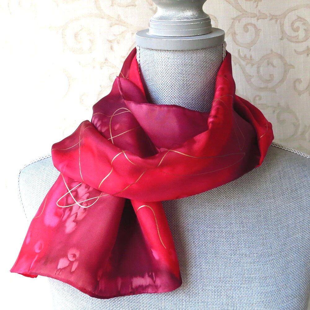 Hand Painted Silk Scarf in Holiday Reds with Gold Accent