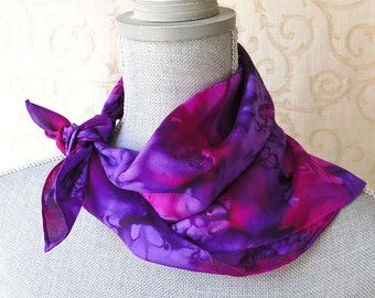 Silk Square Bandana Scarf Hand Painted in Fuschia and Orchid