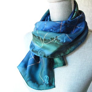 Silk Scarf Hand Dyed in Forest Green and Midnight Blue with Gold Accent image 1