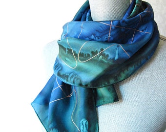 Silk Scarf Hand Dyed in Forest Green and Midnight Blue with Gold Accent